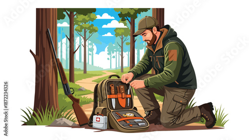 Hunter preparing equipment before heading into the wilderness, organized gear and forest trail background, flat vector illustration with solid colors for hunting preparation themes