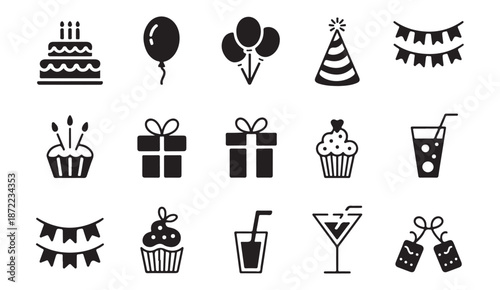 Set of birthday party icons with cake, balloons, hat, garlands, cupcake, gifts, and drinks