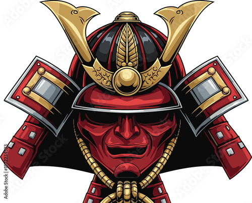 Menacing traditional Japanese samurai helmet and mask combination with intricate golden details is depicted in a vibrant illustration.