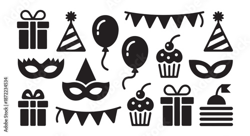 Variety of festive icons for party celebrations: gifts, hats, balloons, garlands, cupcakes, and masks