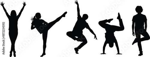 Athletic dancer silhouettes, martial arts kicks, yoga balance poses, acrobatic male movement, fitness training set, powerful body shapes isolated