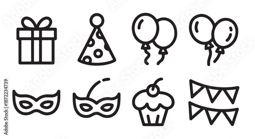 Line art icons for party and celebration birthday gifts balloons masks cupcake and bunting flags on white background