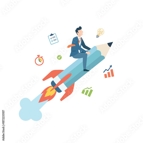Businessman riding a giant pencil rocket soars upward surrounded by business growth icons and symbols of successful innovation.