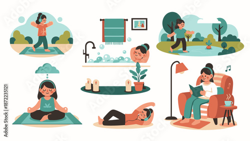 Illustration of a woman practicing yoga and meditation in various serene environments and domestic settings