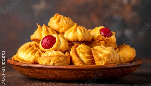 Delicious pastries with cherries on a wooden plate.