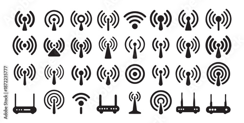 Set of wireless wifi signal icons and routers representing internet connection and network technology