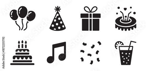 Set of black party icons including balloons, party hat, gift, cake, music note, confetti, and exploding popper