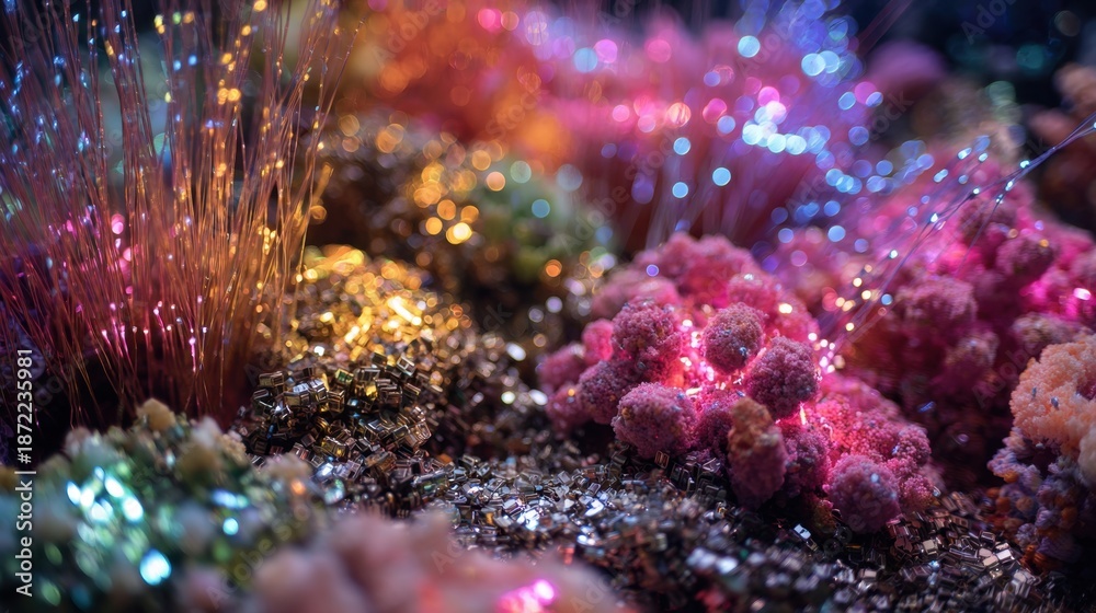 Fototapeta premium Vibrant Underwater Landscape with Colorful Corals and Glowing Light Reflections in a Mystical Oceanic Scene