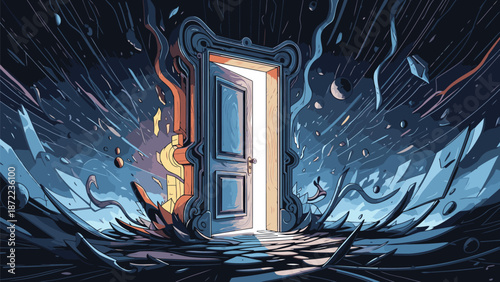 Magical glowing door opens into a swirling, abstract cosmic dimension, inviting exploration and wonder.