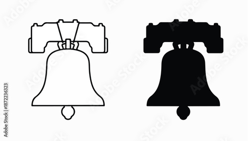 Black and white illustrations of the Liberty Bell in outline and silhouette on a plain white background.