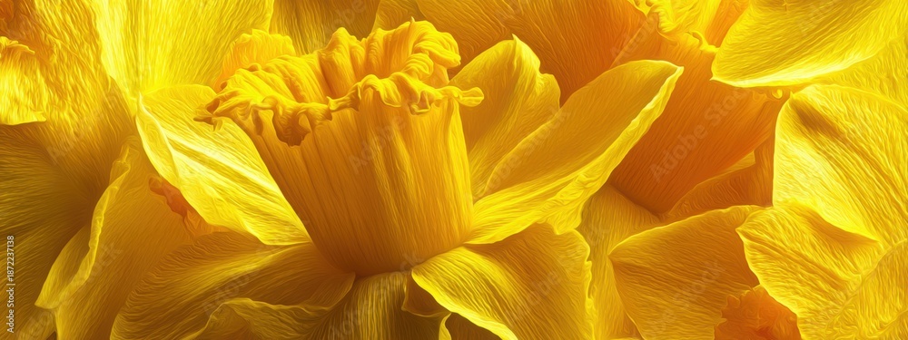 Obraz premium Panoramic floral texture of daffodil petals and trumpet forms, vibrant yellow gradients, clean organic geometry, bright spring mood, hyper detailed
