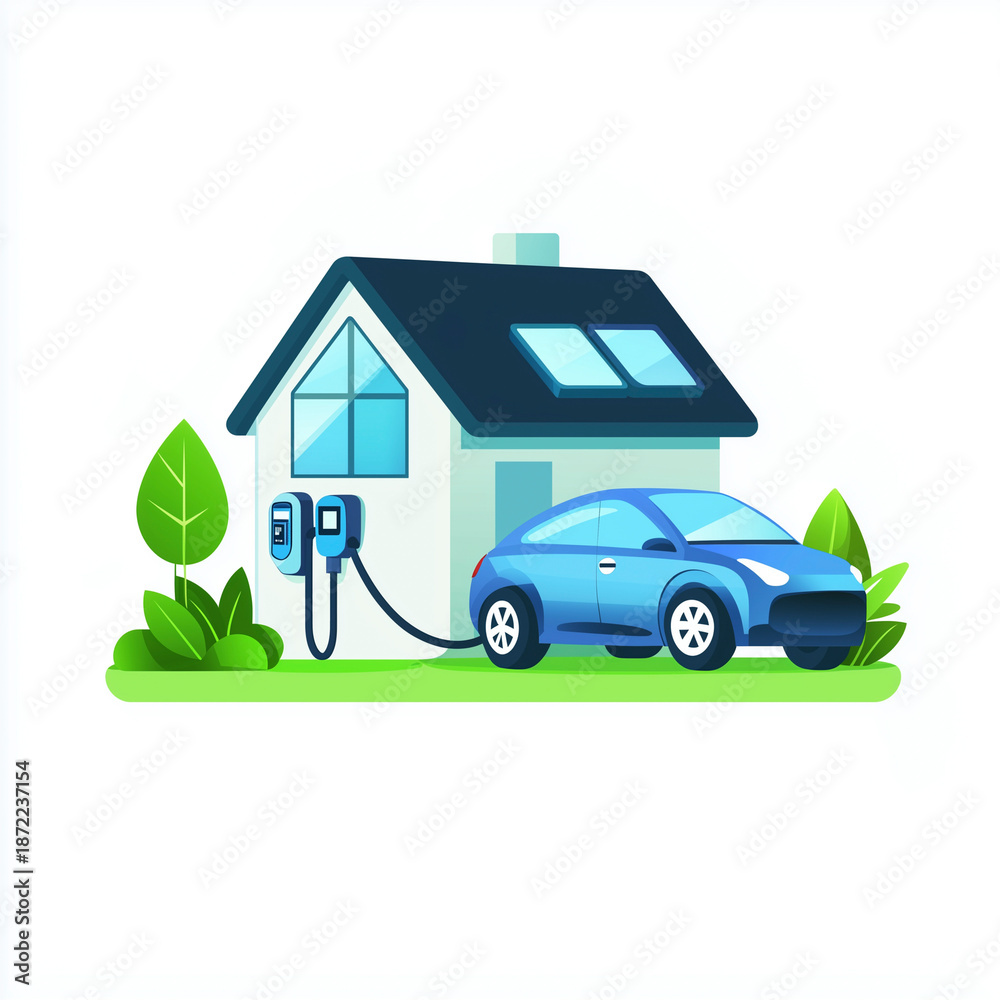 Fototapeta premium Flat vector illustration of a home electric vehicle charging station with a modern house and electric car. Concept of smart home, renewable energy, green lifestyle and sustainable living