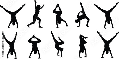 Breakdance handstand silhouettes, dynamic acrobatic dancers performing street dance moves, urban hip hop energy, isolated on white background illustration