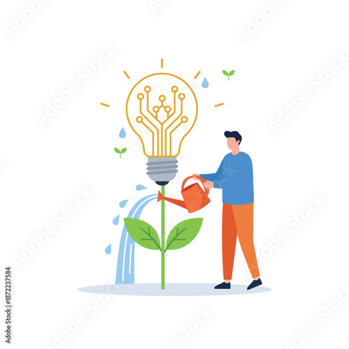 Businessman waters a plant growing a glowing lightbulb with integrated circuit patterns to symbolize nurturing technological innovation and growth.