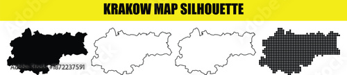 Krakow map silhouette set featuring black white outline and point grid styles for regional polish city border designs