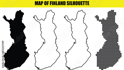 Map of finland silhouette set including solid black white outline and dotted versions for geographic design and travel