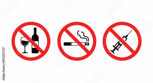 Graphic illustration of three red circle prohibited symbols for no alcohol, smoking, and drugs on a white background.