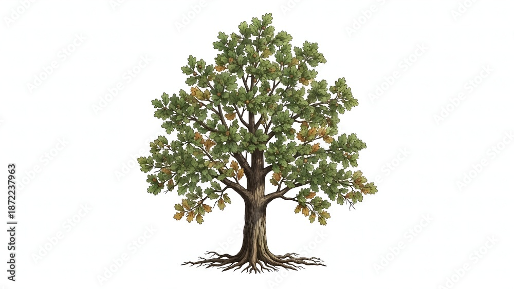 Obraz premium A mature oak tree with lush green foliage and exposed roots