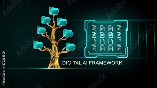 Digital tree with folders representing digital AI framework and data matrix technology