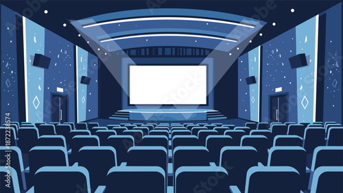Empty modern cinema hall or theater with blue seats and a large white screen ready for a movie premiere or presentation.