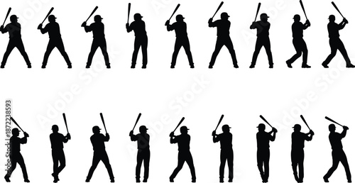 Baseball player silhouettes, batting action poses, athlete swing movements, sports training, professional hitters, black vector illustration collection isolated