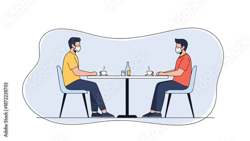 Two men wearing protective face masks sitting at a distance at a cafe table to maintain safety during a pandemic.