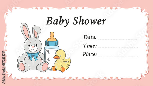 Baby shower invitation card template with a plush bunny, a baby bottle, and a rubber ducky on a pink starry border.