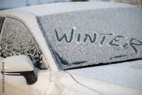 Photos Frozen Car Windshield With Winter Text