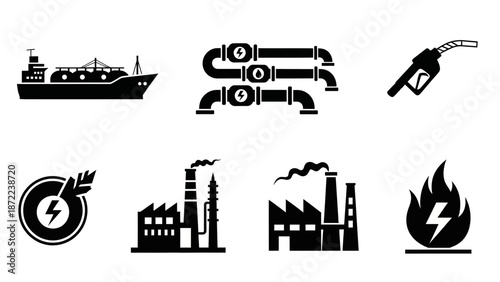 A collection of black and white vector icons illustrating energy production, industrial manufacturing, fuel transportation, and renewable power concepts.