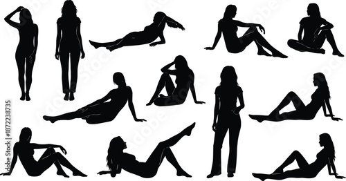 Female silhouettes sitting standing posing set isolated on white background for fashion beauty fitness lifestyle modern design and creative illustration collection