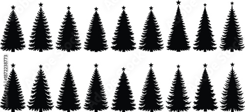 Christmas tree silhouettes, festive holiday pine trees with stars, winter decoration icons, black seasonal illustration set, New Year design