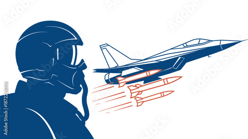 Military pilot in helmet flying fighter jet with missiles