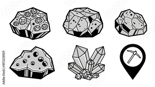 A collection of stylized black and white illustrations depicting various rocks, minerals, crystals, and a mining location icon.