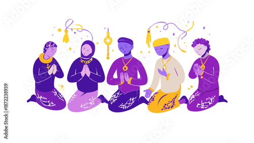 A group of diverse men and women in prayer positions or holding prayer beads (Tasbih) in a whimsical doodle style. Calm and peaceful expressions. Saturated purple and gold tones. Hand-painted textures