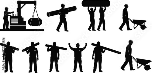 Construction worker silhouettes, industrial labor activities, carrying heavy materials, factory and building site jobs, manual work, engineering illustration set