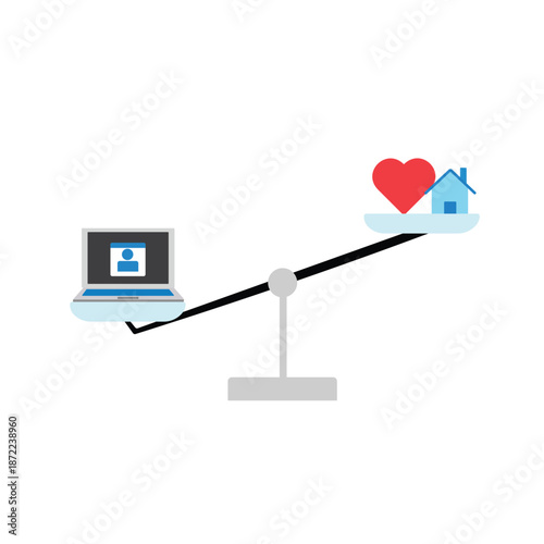 Seesaw depicts an imbalance where a laptop representing work outweighs a heart and house symbolizing personal life and well-being.
