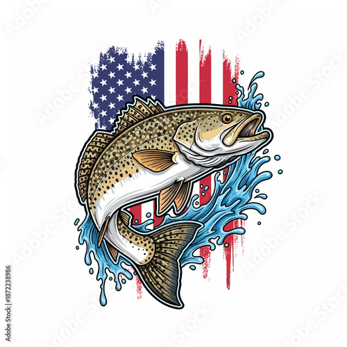 speckled trout fishing american flag logo vector illustration