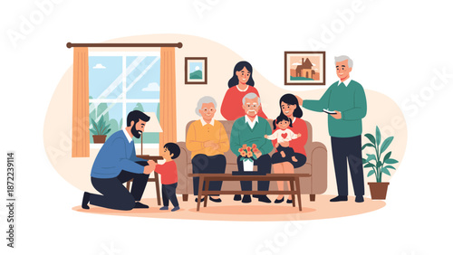 Large multi-generational family gathering in a cozy living room featuring grandparents, parents, and children together.