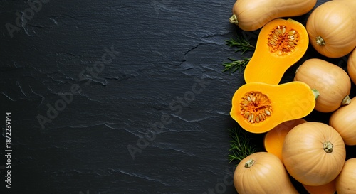 Butternut Squash Halves and Fresh Rosemary Sprigs on Dark Slate Surface, Concept for Herb Infused Roasted Vegetables and Healthy Homemade Autumn Soup Ingredients