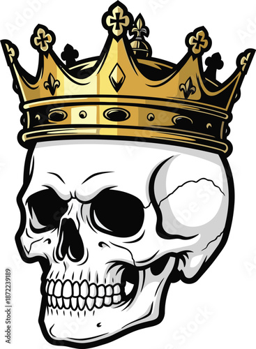 Regal human skull wears a magnificent golden crown, symbolizing power, mortality, and the transient nature of rule.