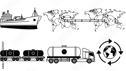 Global logistics and supply chain network illustrating various modes of liquid cargo transportation.