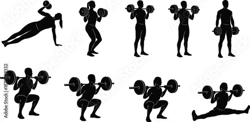 Fitness workout silhouettes, strength training with dumbbells and barbell, gym exercise poses, muscular body training, healthy lifestyle illustration set