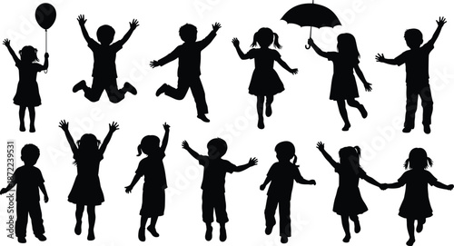 Happy children silhouettes jumping playing holding balloon and umbrella set isolated on white background for kids fun childhood joy and celebration design