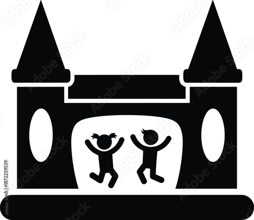 Black silhouette icon of two happy children jumping in an inflatable bouncy castle house isolated on a white background vector.
