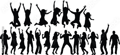 Large group of happy dancing people silhouettes jumping together, energetic party crowd celebrating with raised hands on white background, festival
