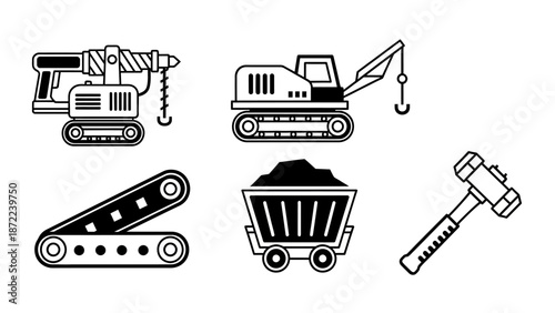 Various black and white icons depicting heavy construction and mining machinery, including a drill, excavator, conveyor belt, ore cart, and sledgehammer.