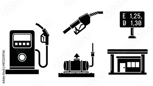 A set of black silhouette icons representing various elements of a gas station, including fuel pumps, nozzles, a price board, and a storage tank.