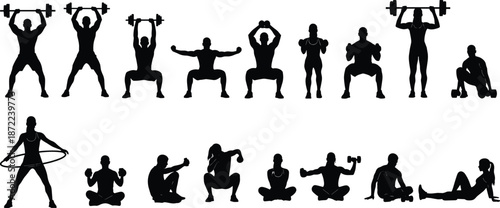 Black Silhouettes of People Exercising with Dumbbells and Barbells Fitness Training Workout Positions and Gym Athlete Figures Isolated on White Background