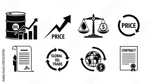Black and white icons illustrating oil industry economics, global trade, price fluctuations, and legal contracts.
