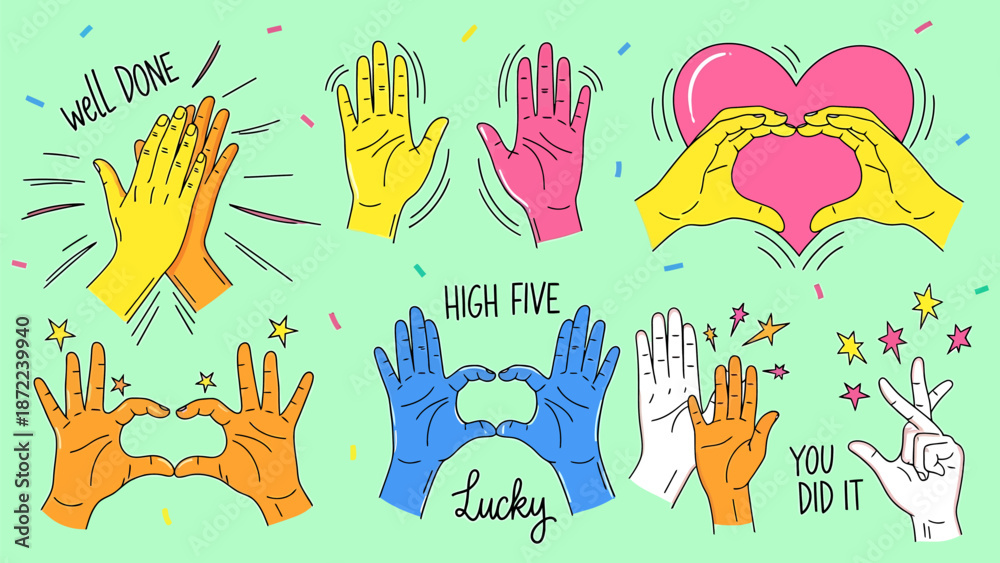 Fototapeta premium Hands giving high fives and celebrating success in colorful illustration